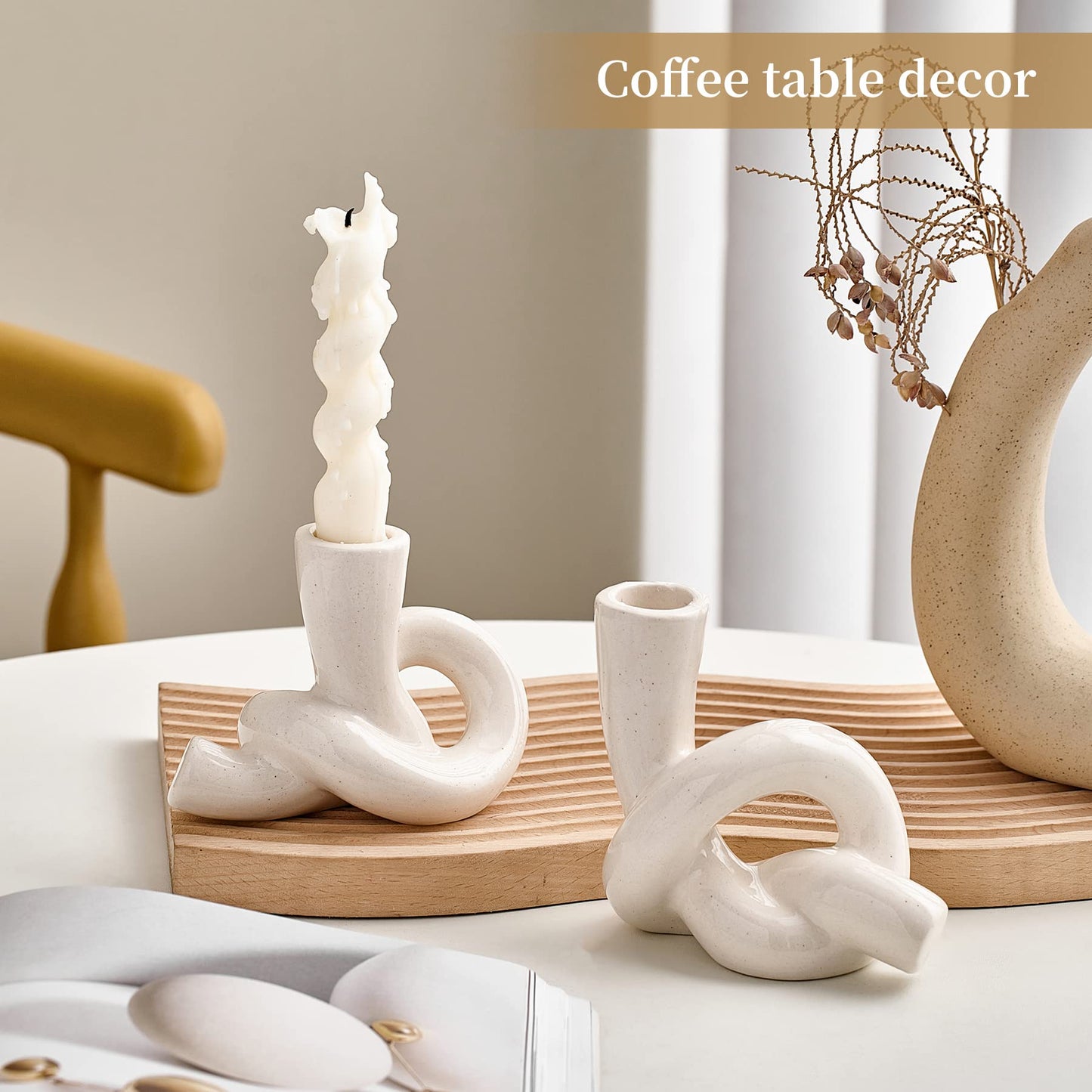 2 Pcs Pretty Ceramic Candle Holder, Modern Abstract Art Candlestick Holder Set, Table Centerpiece Taper Candle Holders Decorations for Home Decor Wedding, Dinning, Party, Mantel, TV Stand, and Kitchen