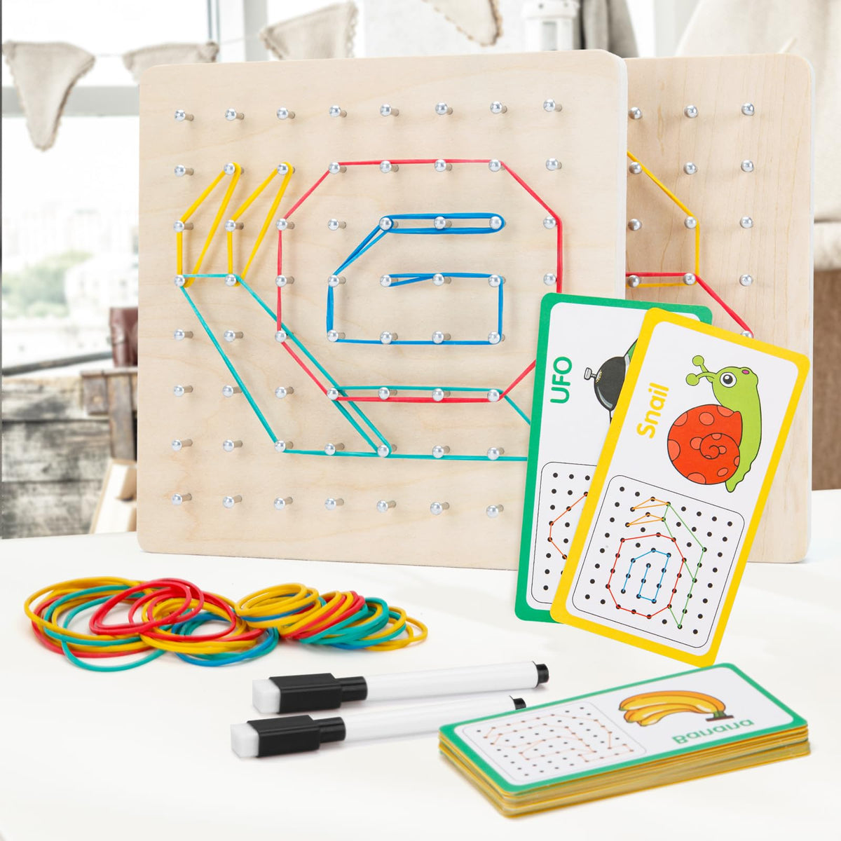 Zycolo 2Pack Wooden geoboards with Rubber Bands Montessori Toys, Mathematical Education Toy for Kids with Pattern Cards and geo Boards to Figures and Shapes, Brain Teaser STEM Toys for Classroom.