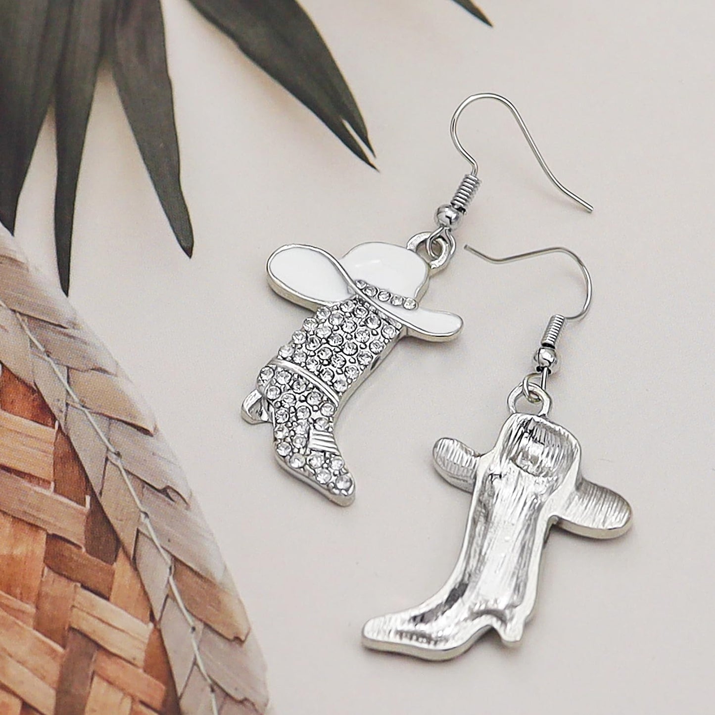 Rhinestone Western Boots Earrings Cowgirl Cowboy Enamel Hat Bohemian Rodeo Boot Drop Dangle Earrings for Women White Hat