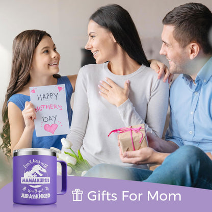 NOWWISH Funny Christmas Gifts for Mom, Mamasaurus Mug 14oz with Lid, Keeps Coffee/Wine Hot Cold, Unique Stocking Stuffer for Wife from Husband/Kids