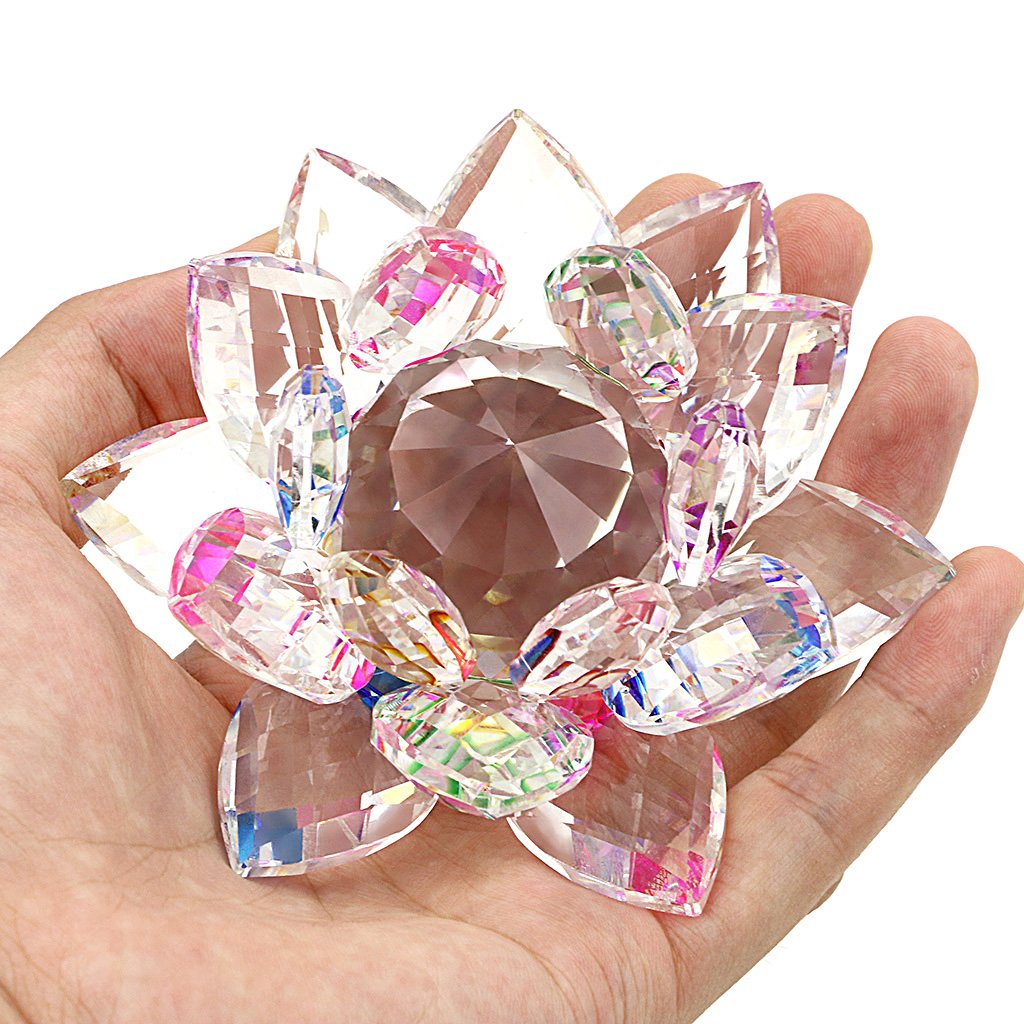 OwnMy Sparkle Crystal Lotus Flower Hue Reflection Feng Shui Home Decor with Gift Box (4 Inch/ 100MM Rainbow)