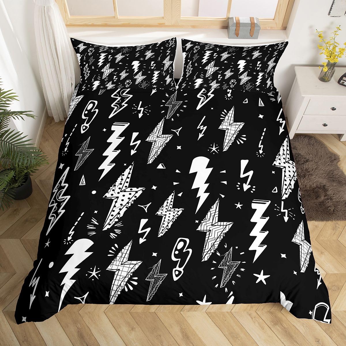 Homewish Lightning Duvet Cover Set Hand Drawn Doodle Lightning Bolt Bedding Set 3pcs for Kids Boys Thunderbolts Comforter Cover Microfiber Bedspread Cover with 2 Pillow Cases(No Comforter) King Size