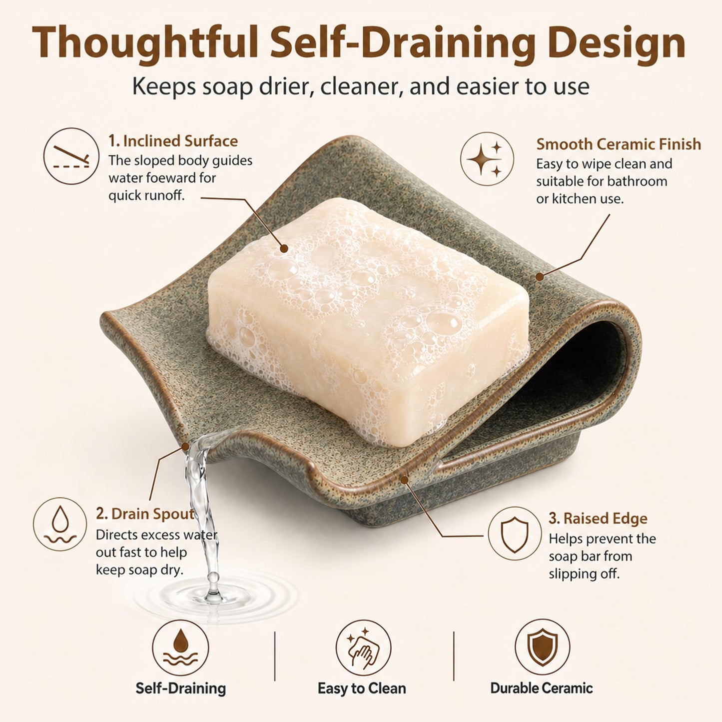 Zoeeker Self-Draining Soap Dish, Ceramic Bar Soap Holder Waterfall Design Soap Saver for Bathroom, Kitchen, Sink, Countertop, Keeps Dry, Variegated Brown Glaze
