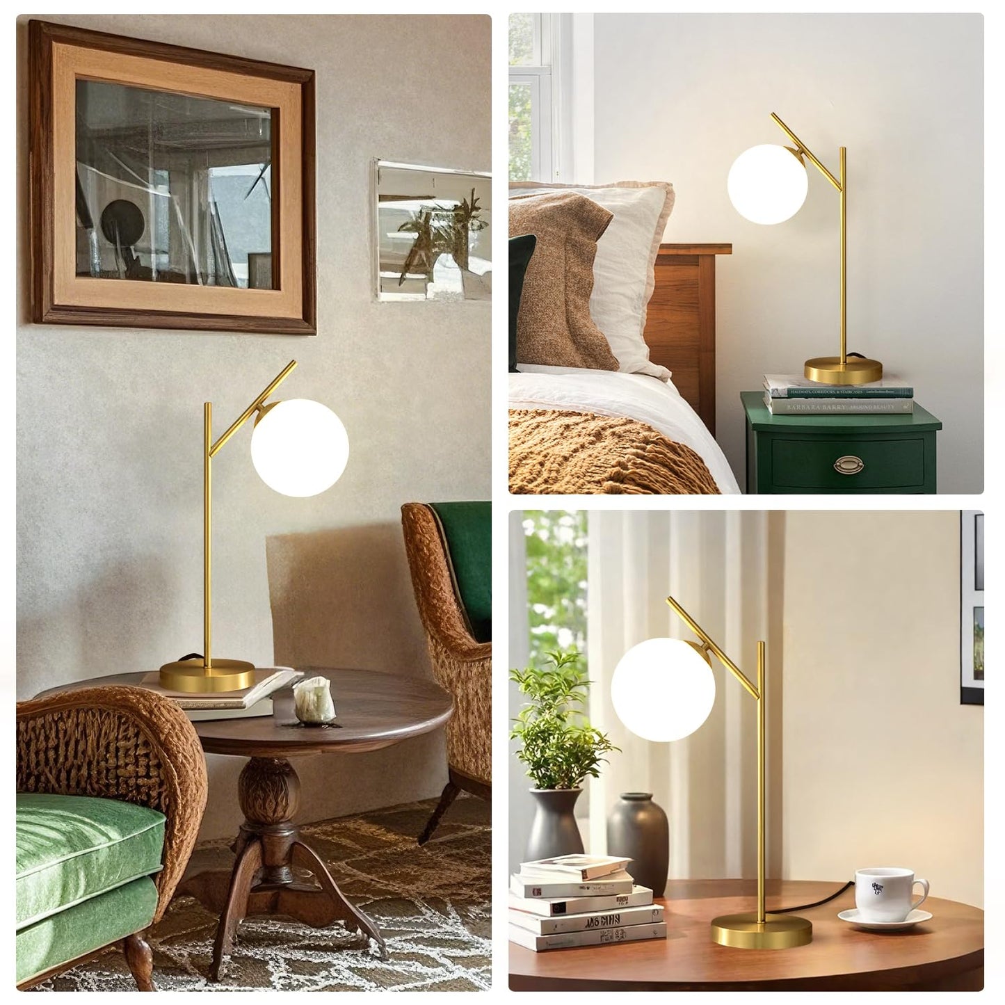 Fulesi Mid Century Modern Table Lamp, 1 Light Brass Glass Globe Bedside Lamp, Contemporary Metal Table Lamp with Milky White Glass shadefor Bedroom Living Room Study Room