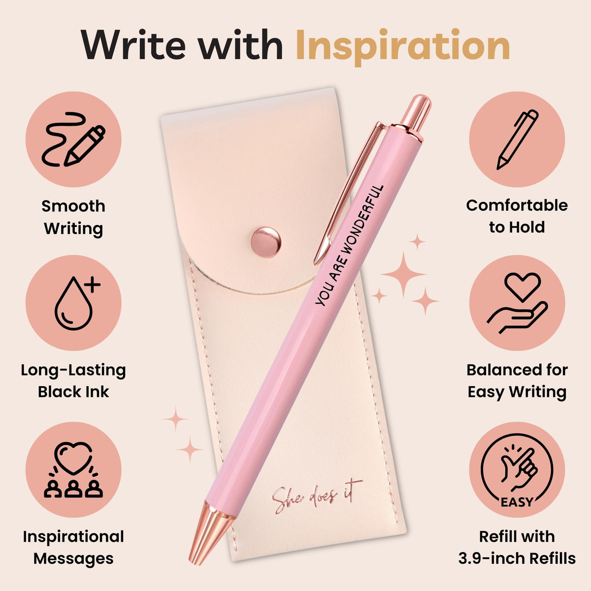She Does It Fancy Pen Set For Women - Inspirational Nice Teacher Pens | Pretty Motivational Thank You Gifts | Cute Positive Work, Office, Promotion, Coworkers, Intern, Gratitude & Job Motivation Gift
