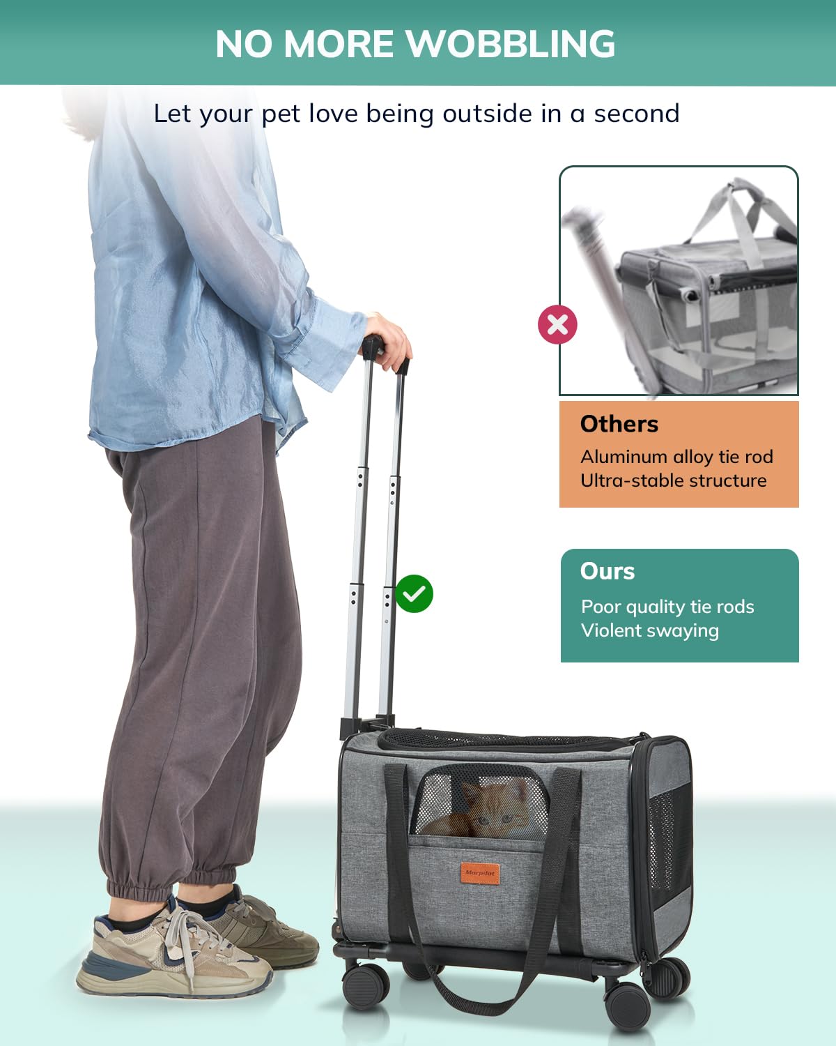 Morpilot Cat Carrier with Wheels Airline Approved, Pet Dog Carrier with Wheels for Small Dogs, Rolling Cat Carrier for Large Cats Puppy Stroller Detachable and Foldable Pet Travel Bag Dark Gray