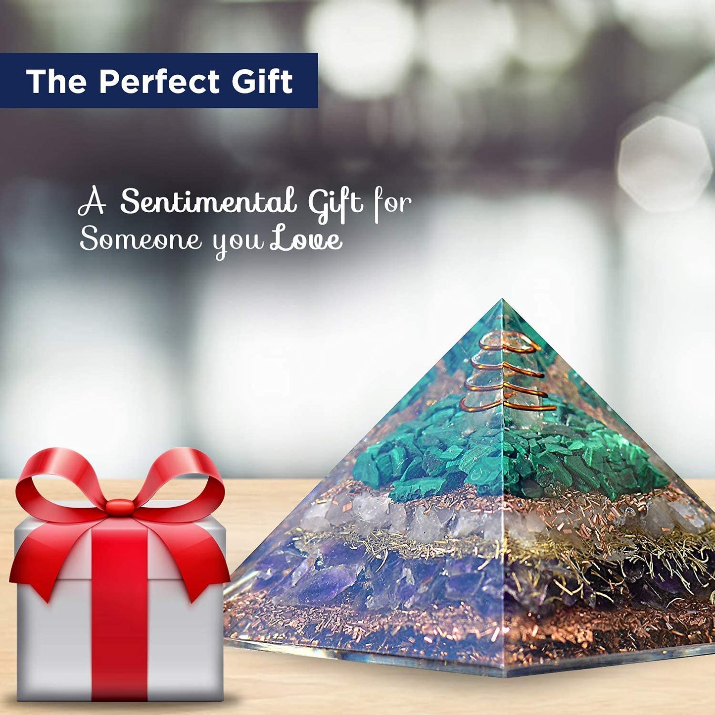 Orgonite Crystal Orgone Pyramid with Rose Quartz, Amethyst, and Malachite – Decorative Gemstone Pyramid for Meditation, Yoga, Gifting, Home or Office Décor