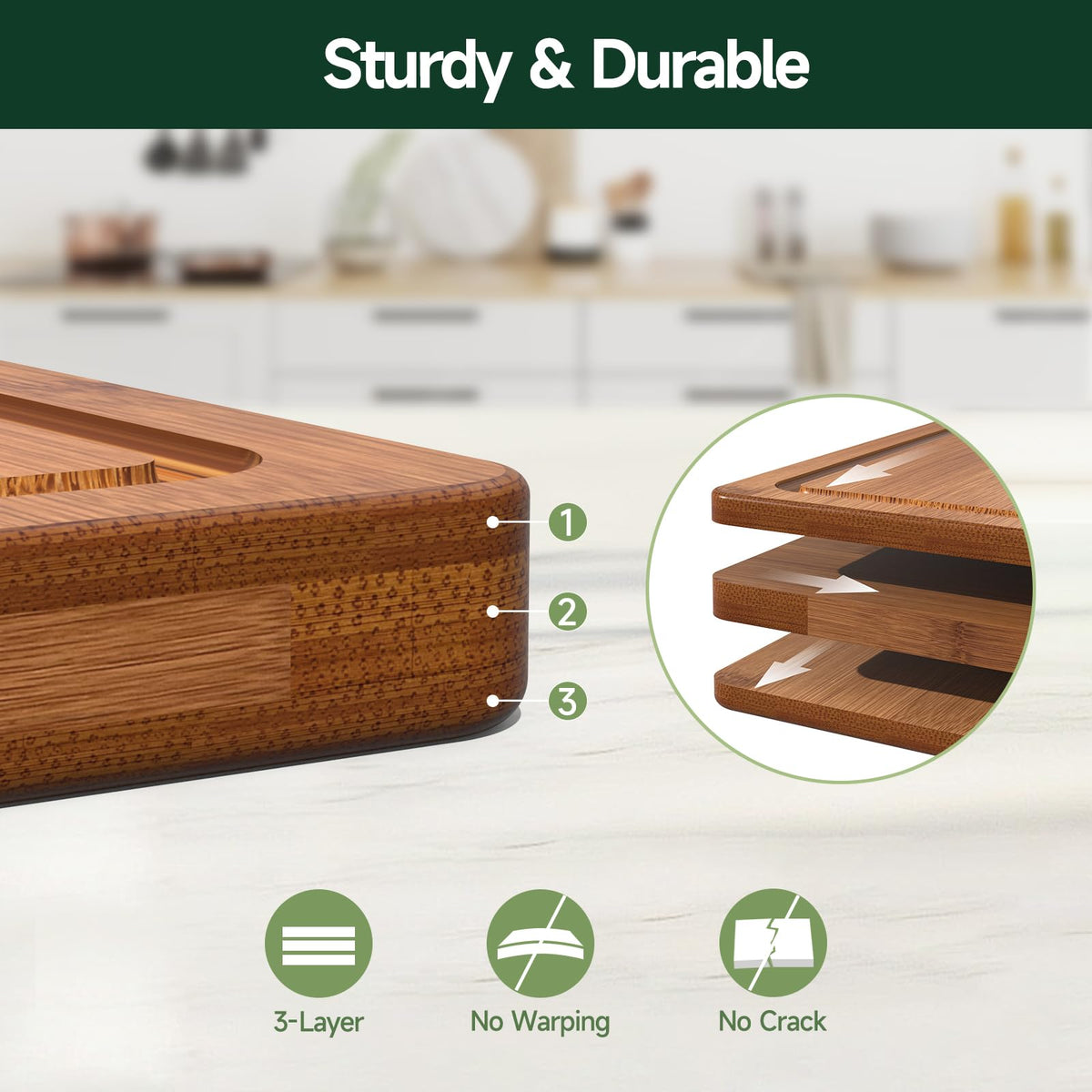 Zeawec 3-Piece Set Deep-Carbonized Bamboo Cutting Board for Kitchen - Crack-Resistant Wood Chopping Boards with Deep Juice Grooves, Pre-Oiled Butcher Block for Meat, Vegetables & Cheese, Carbonized