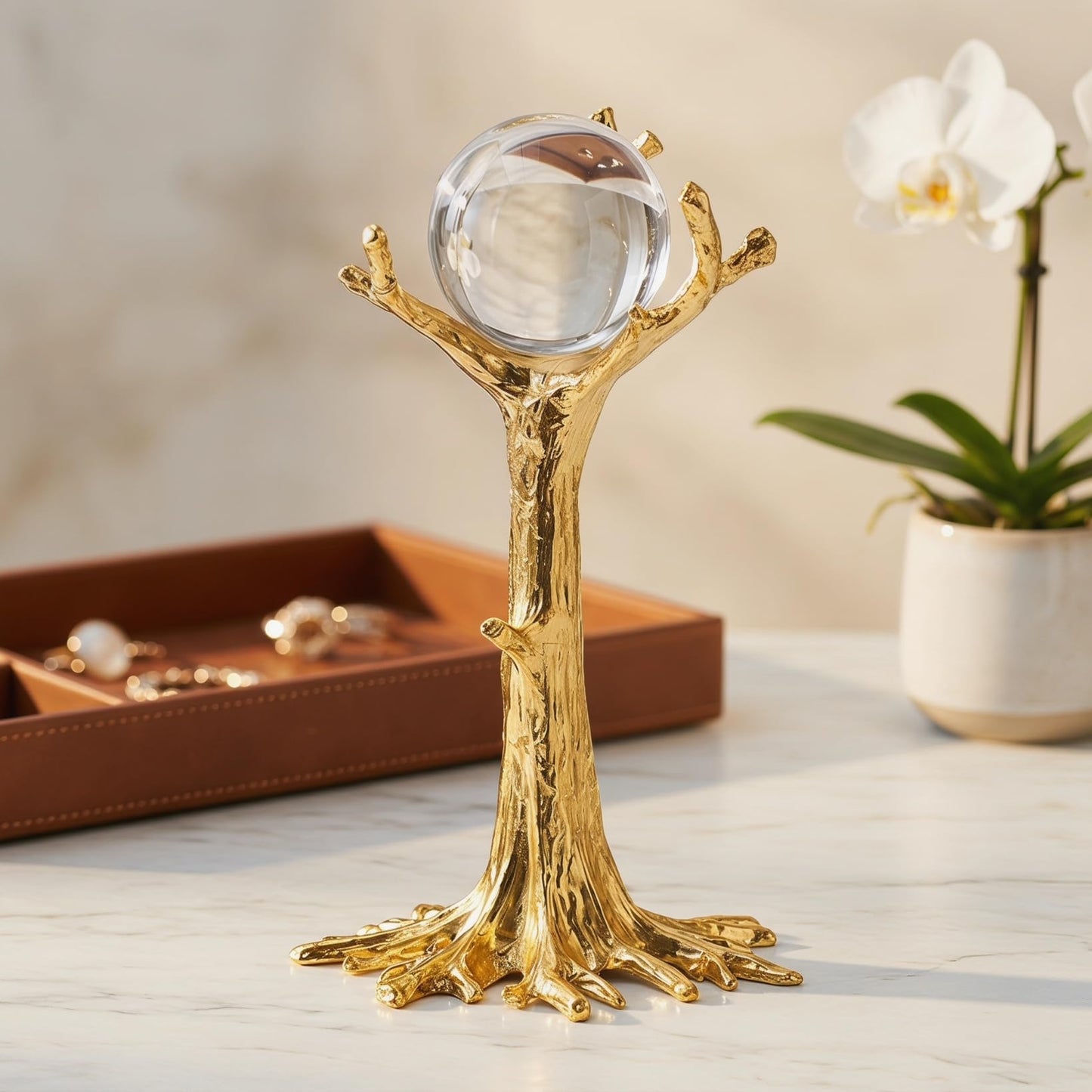 HOMSFOU Gold Tree Branch Metal Sphere Holder for Crystal Ball and Mineral Specimen, Tabletop Ornament Rack for Small Collectibles and Home Decor