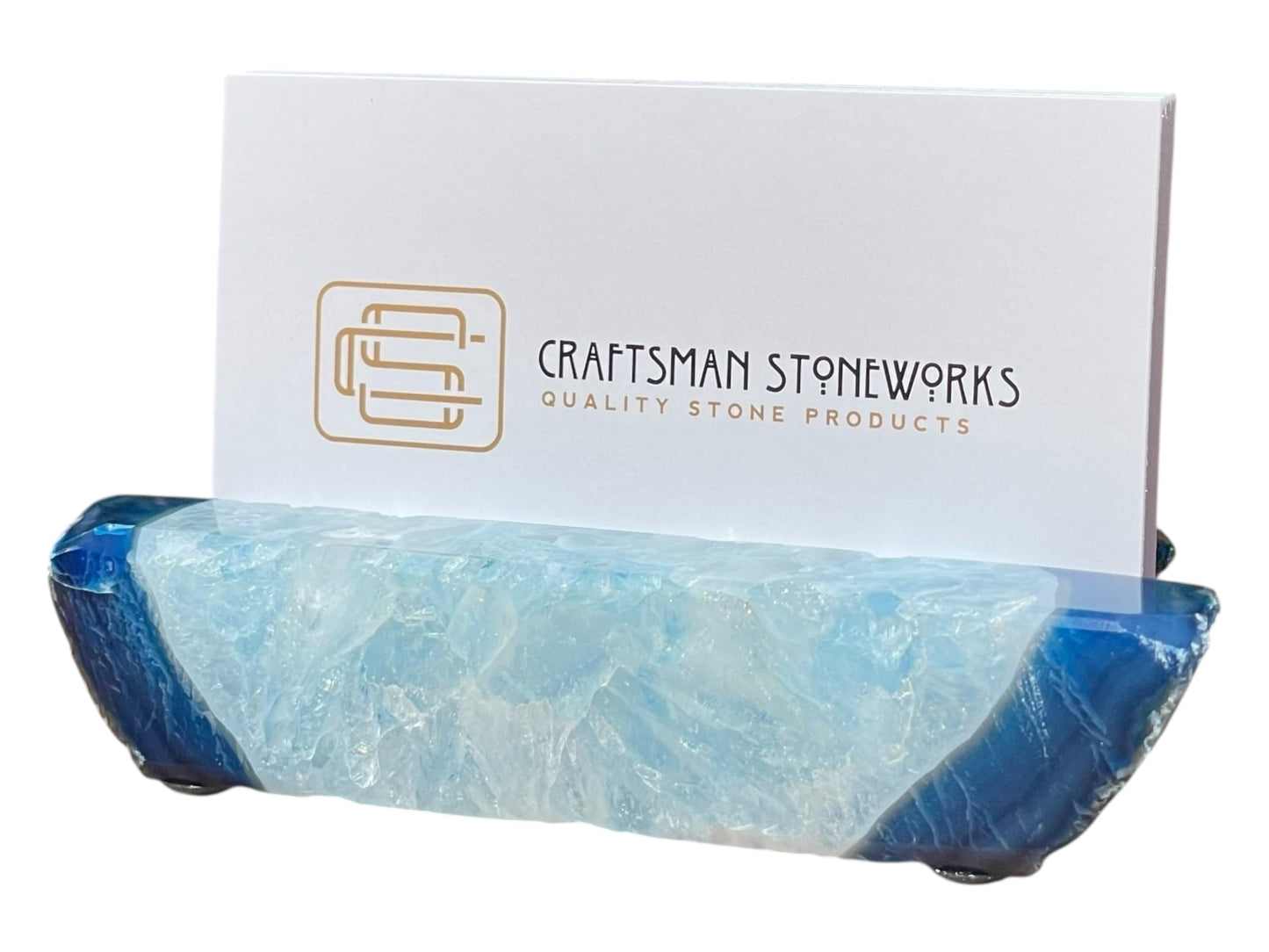 Craftsman Stoneworks Handcrafted Blue Agate Business Card Holder from Brazil - Elegant Desk Organizer and Display Stand for Women and Men - Unique Stone Art Piece (Blue)