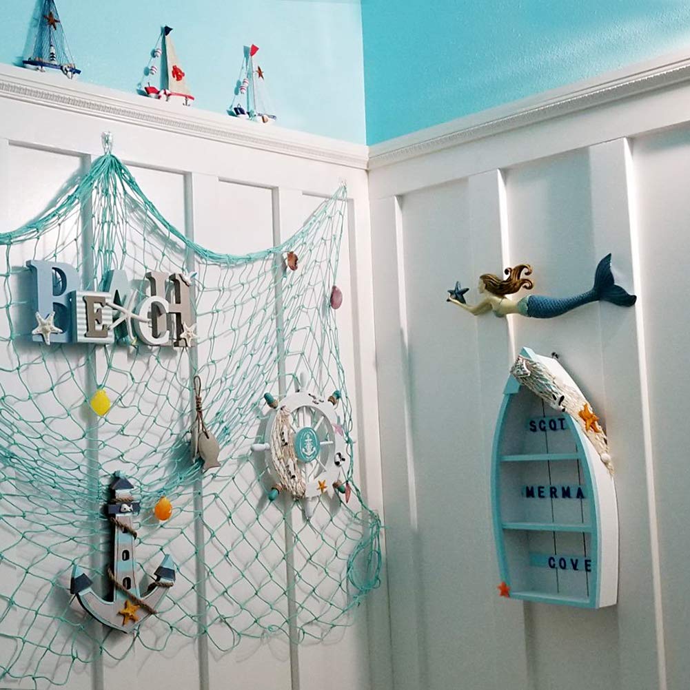 Attraction Design Wooden Boat Shelf, 16.5" H Standing Boat Display with Fish Net Starfish Seashell Accents White Beach Nautical Theme Decor H (Boat Shelf)