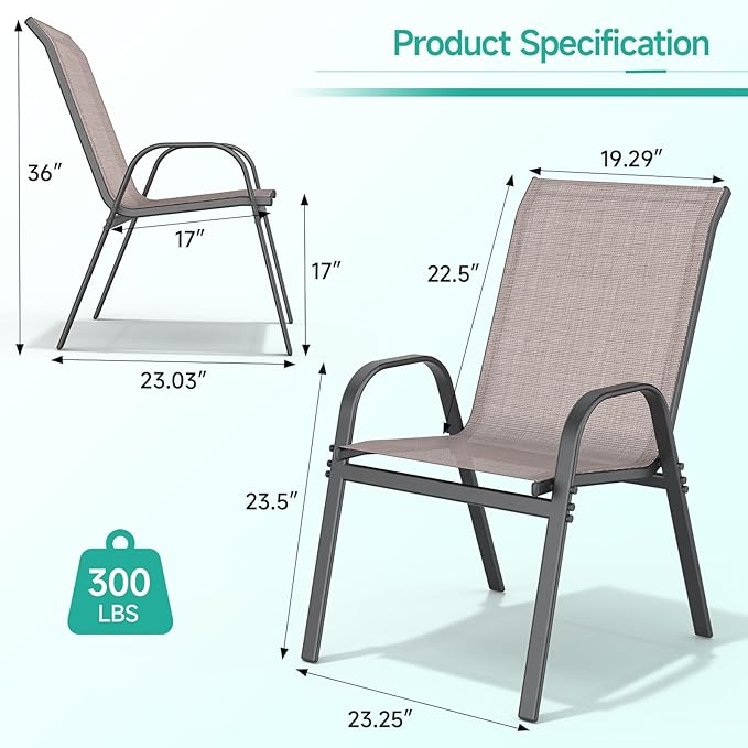 Patio Chairs Set of 2, Easily Set Up Stackable Outdoor Dining Chairs with High Back and Wide Seat, All Weather Breathable Outdoor Chairs Set of 2 with Metal Frame for Backyard Deck Pool, Brown
