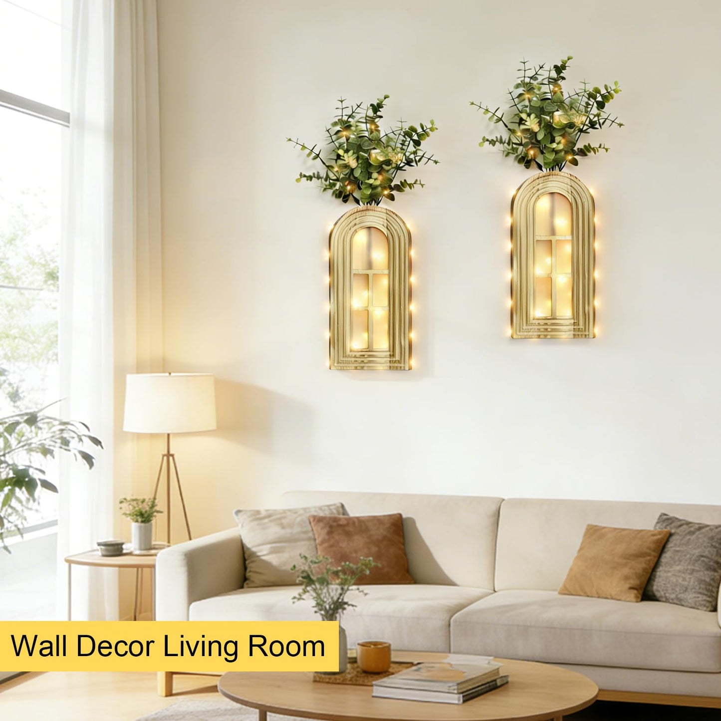 HOMECOR Hanging Wooden Vase Wall Decor - Brown Finish Boho & Modern Farmhouse Decor with Fairy Lights & Artificial Plants, Wall Art for Living Room, Bedroom, Bathroom Mothers Day Home Decor Gift