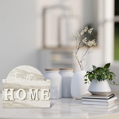 Queekay Coasters Set of 6 House Warming Gifts New Home Wooden Farmhouse Drink Coasters with Holder 4'' Funny Decoration for Kitchen Family Coffee Bar Tabletop Protection(Brown Marble)
