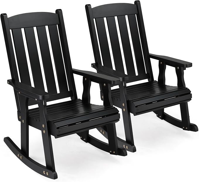 VINGLI Outdoor Rocking Chair Set of 2, Heavy Duty 600 LBS Wooden Rocking Chair with Comfortable Backrest, Weatherproof Rocker with Ergonomic Design, Suit for Patio, Garden, Yard, Black