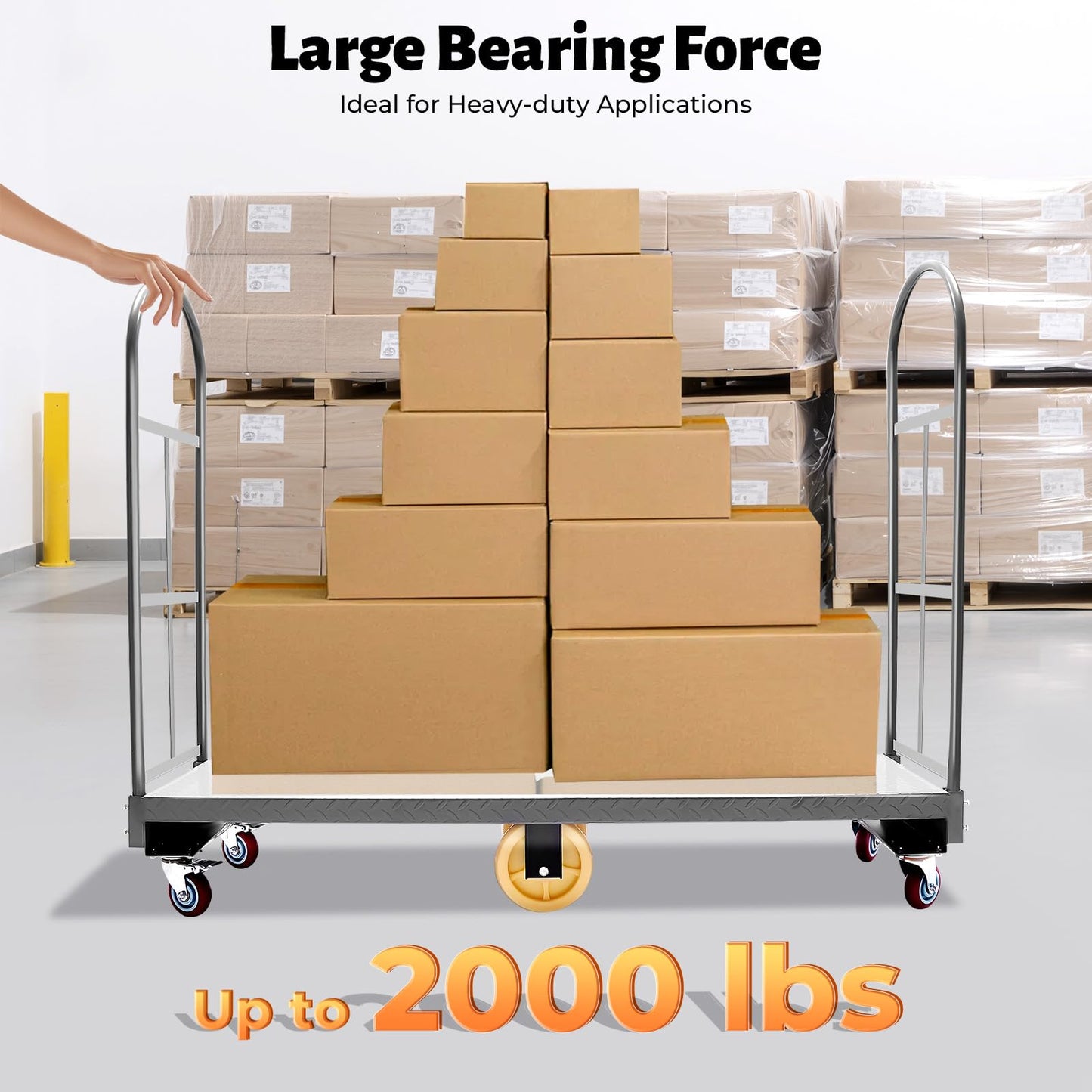 2000lbs Capacity U-Boat Cart, 64.6Lx15.7H U-Boat Steel Cart, Steel Platform Wide Flatbed Warehouse Dolly with Swivel Casters for Material Handling