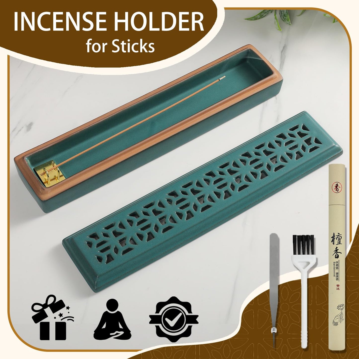 CEREMONY Incense Holder for Sticks, Ceramic Insence-Stick Holder Ash Catcher, Incense Holder Timkburner for Meditation Yoga Spa Room Incense Holder (Lever Green)