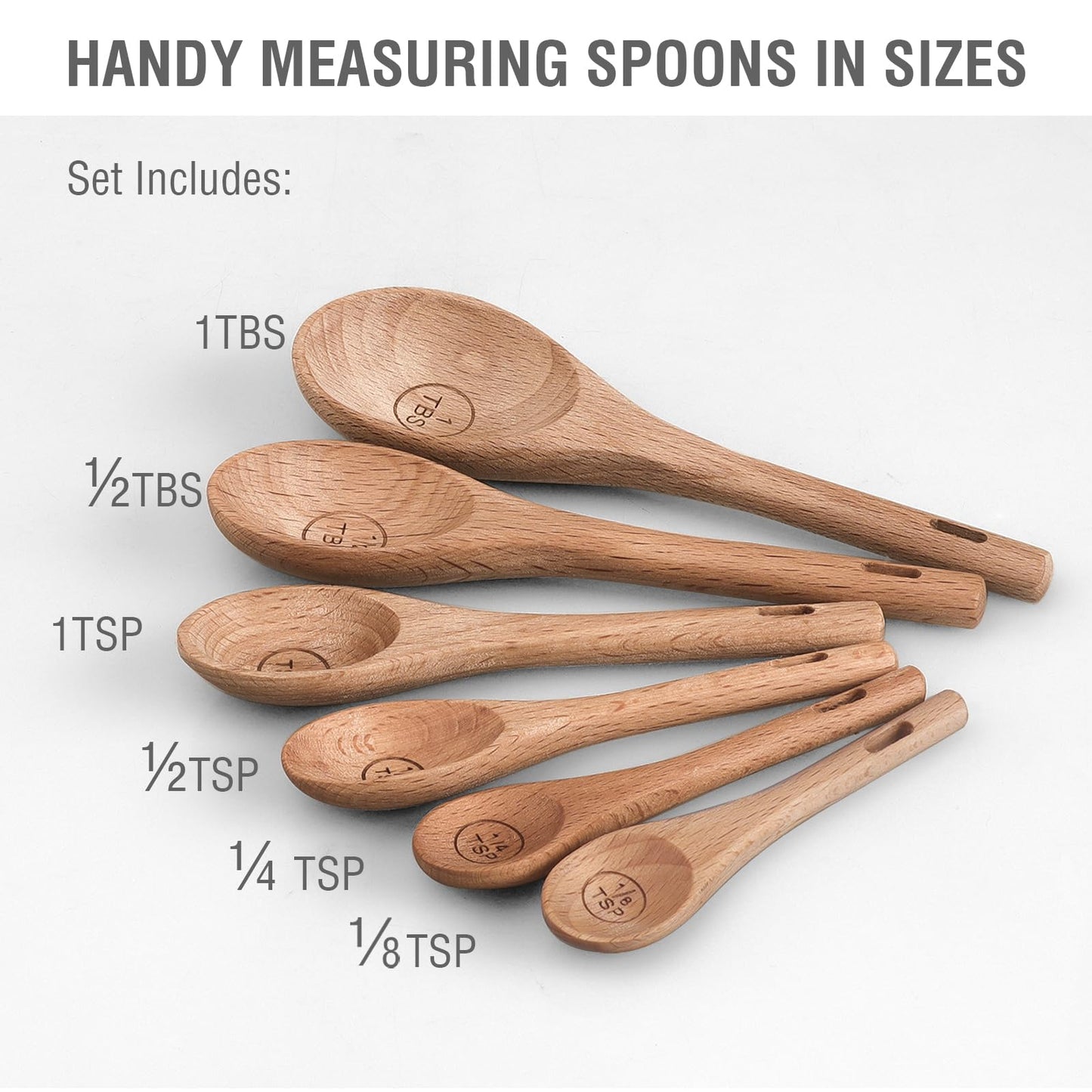 6pcs Measuring Spoons, Natural Beechwood Measuring Spoons Set Includes 1 tbsp, 1/2 tbsp, 1 tsp, 1/2 tsp, 1/4 tsp & 1/8 tsp for Cooking Baking, Rustic Teaspoon Tablespoon for Dry Ingredients