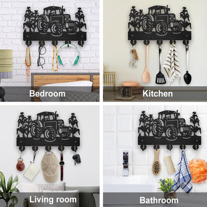 MAYJOYDIY Wooden Tractor Corn Field Coat Hooks Farm Vehicle Crops Key Holder for Wall 11.8×7.9inch Decorative Gift Wall Key Rack Organizer 5 Alloy Hooks for Farmhouse Kitchen Entryway