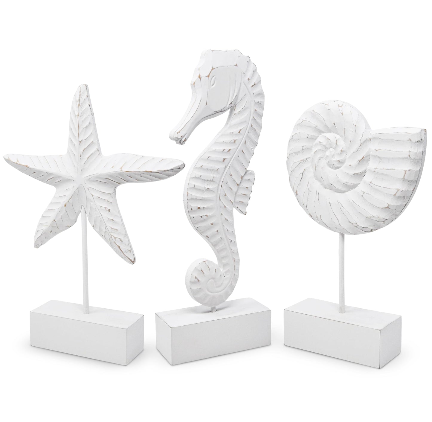 Gift Boutique 3Pcs Beach Nautical Style Figurines Wooden Tabletop Decor - Seahorse, Starfish & Conch Statue on Stands for Home, Beach House, Ocean Coastal Decorations