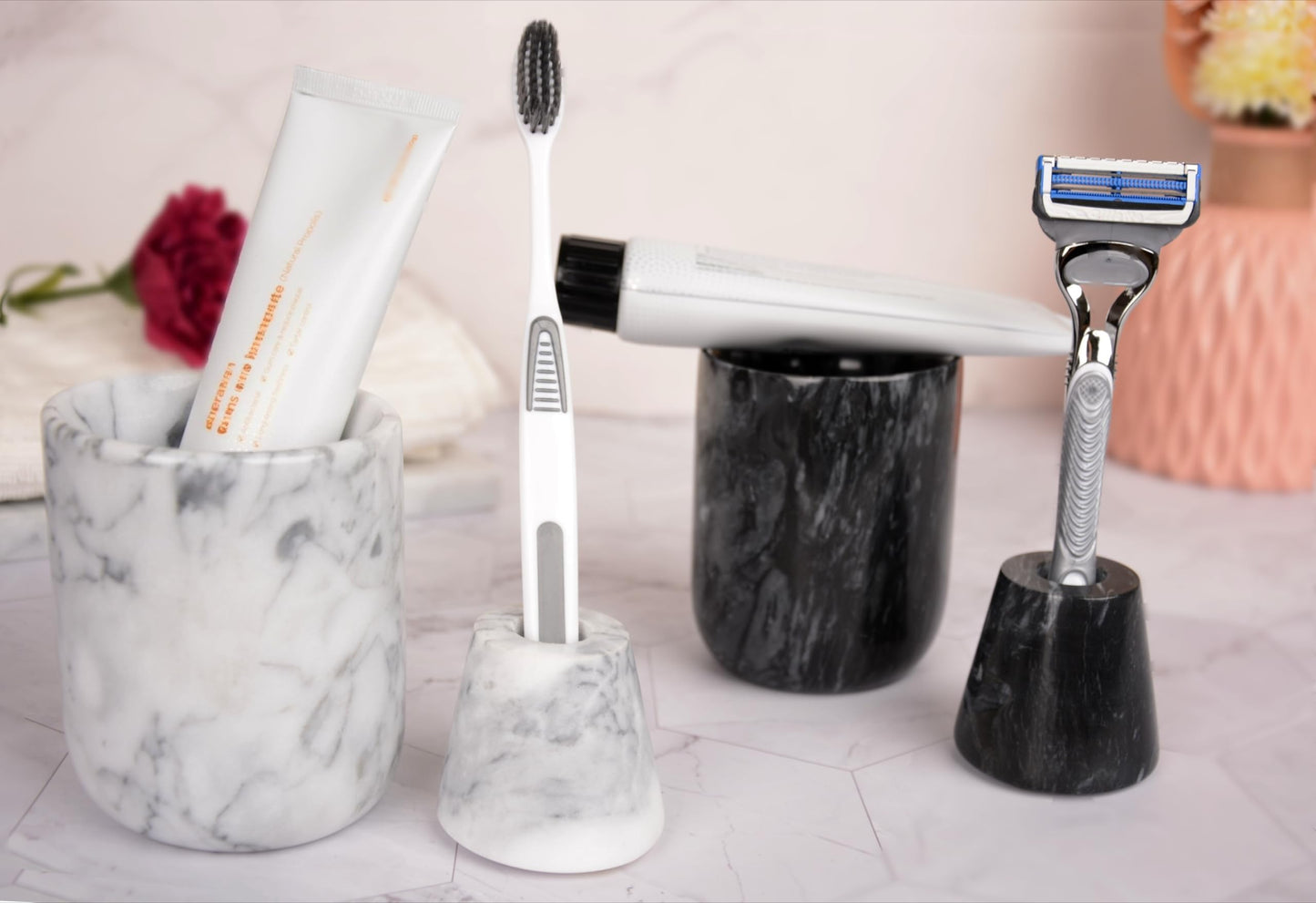 Natural Marble Toothbrush Holder and Toothbrush Cup Set,Handmade Toothbrush Holder for Bathroom Countertop Toothbrush and Toothpaste Holder Set,Better Choice for Housewarming Gift（Black Grey）