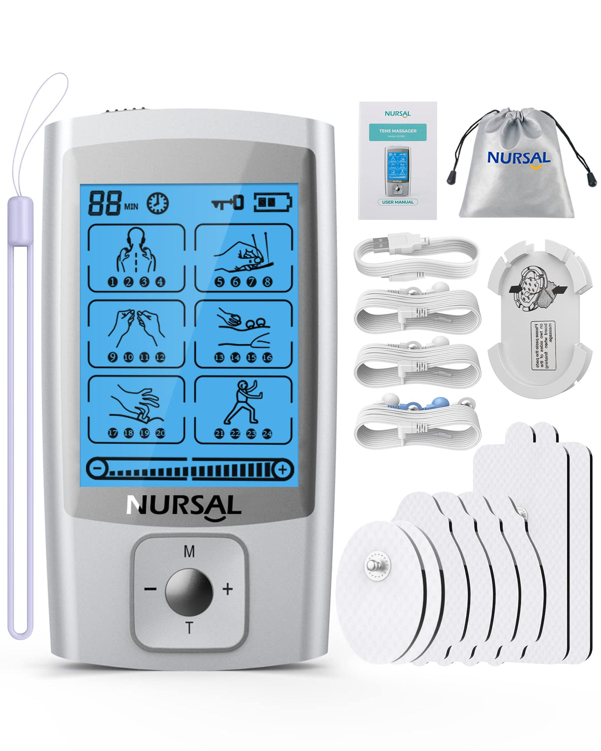 NURSAL 24 Modes TENS Unit Muscle Stimulator with Continuous Stimulation, Rechargeable Electronic Pulse Massager with 8 Pads for Back and Shoulder Pain Relief and Muscle Strength