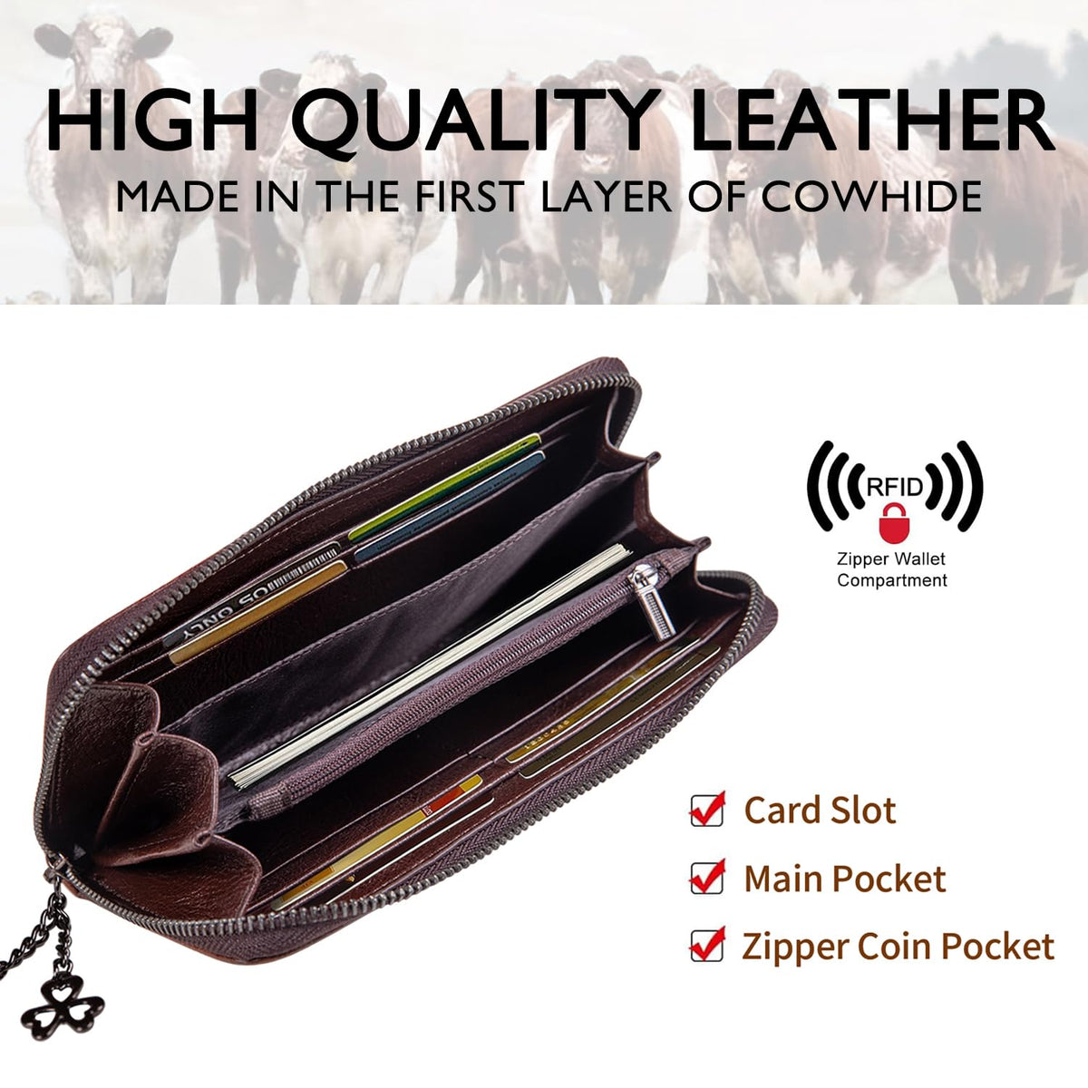 SHARPAD Wallet Genuine Leather for Women - with RFID Blocking Card checkbook ID Slot Large Capacity Vintage style (gardenia coffee)