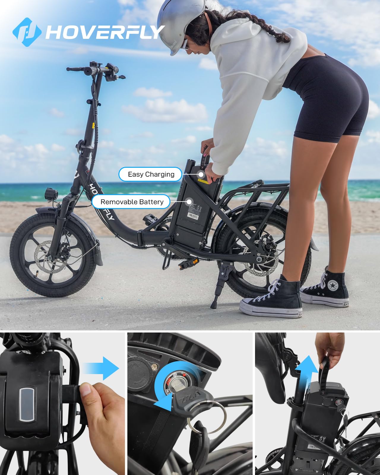 Hoverfly H3 16" Electric Bike, Max 28Miles Range(Pedal-Assist) & Speed 15.5 Mph Power by 500W Peak Motor, Folding E-Bike with Removable Battery, Front Suspension, Commuter Electric Bicycle Adults