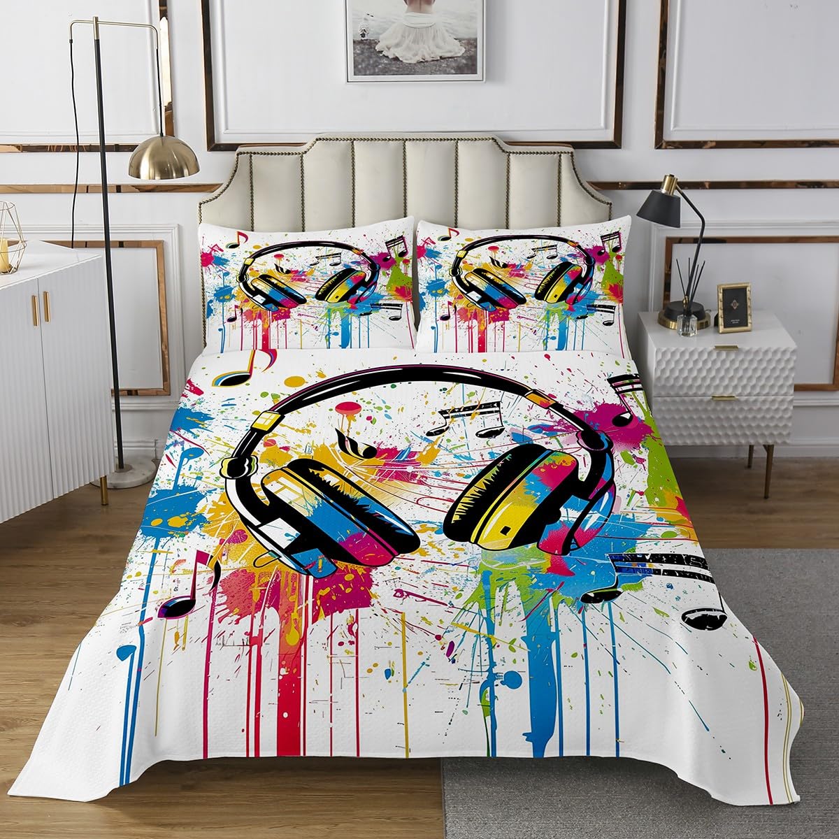 Homewish Cool Headset Bedspread King Size,Video Games Bedding Set 3Pcs for Kids Girls Boys Adult Room Decor,Music Lover Quilt Comforter Fashion Modern Coverlet,2 Pillowcases