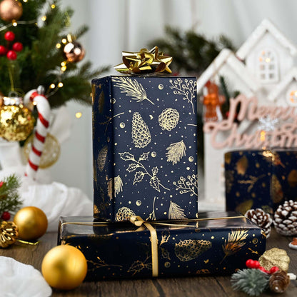 Homeral Christmas Wrapping Paper Roll-46.8 sq.ft. (17in x 33ft) Metallic Shine Navy Blue with Gold Pine Cone, Pine Twig for Christmas, New Year Celebration, Party, Holiday