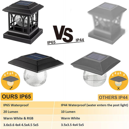 AEFRELEOHT Solar Post Cap Lights, Warm White & RGB Automatic Cycling, Cracked Glass Bulb, 20 Lumens lP65 Waterproof Fit 3.6x3.6 4x4 4.5x4.5 5x5 Wood Fence Post Solar Powered Lights Black (2 Pack)