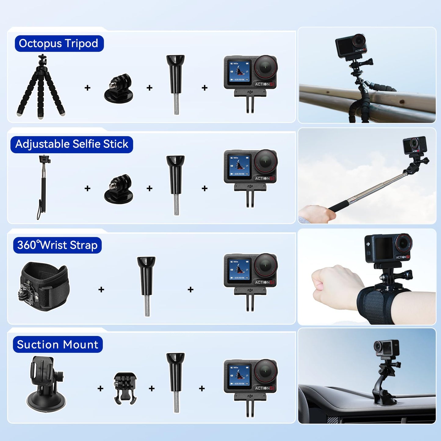 DJI Osmo Action 4 Waterproof Action Camera Bundle, 1/1.3" Sensor, 4K/120fps Video, Stunning Low-Light Imaging, Original Standard Combo + 58 Piece Accessory Kit + Extra 64GB Card