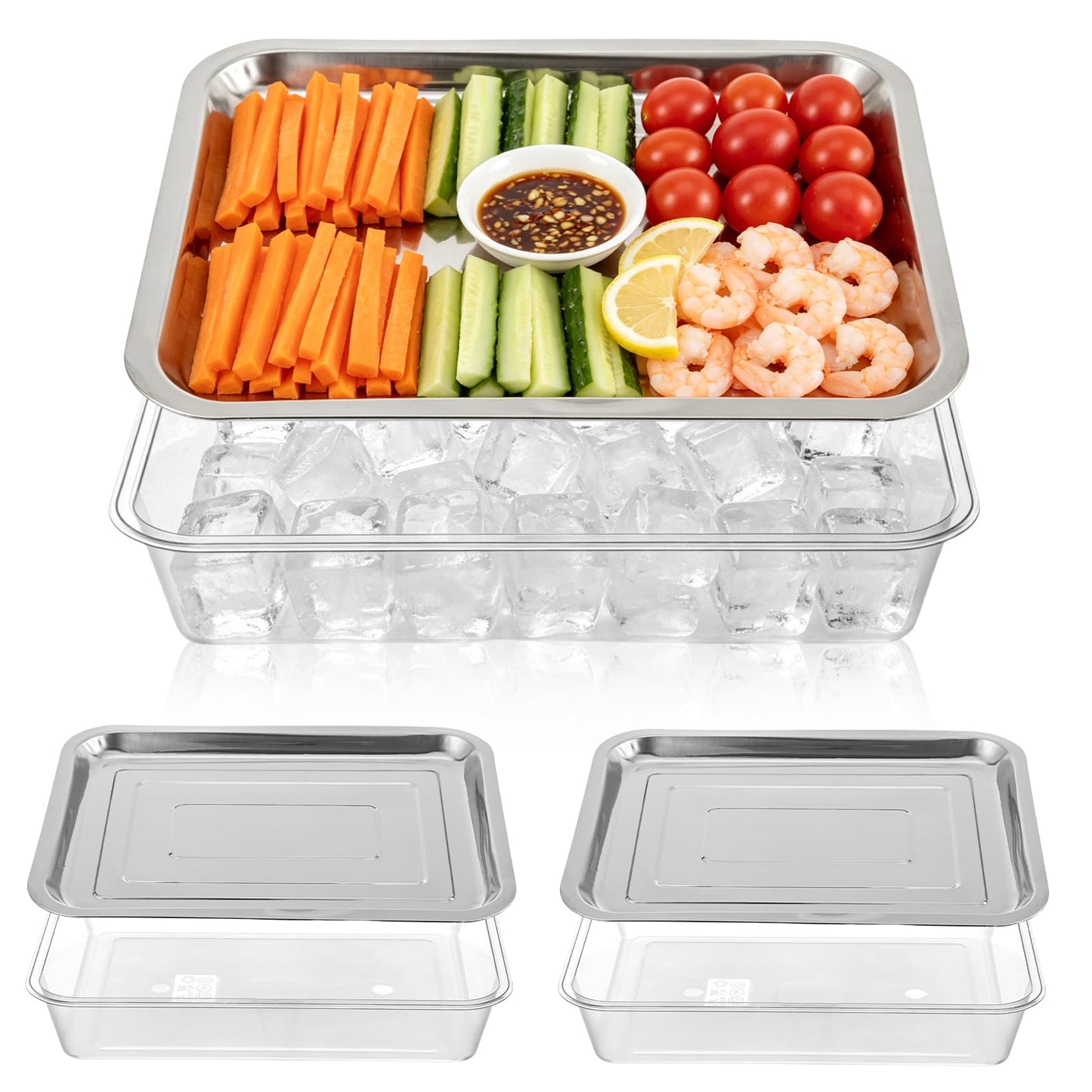 3 Set 14.2 Inch Chilled Serving Trays for Parties, Shrimp Cocktail Serving Dish with Compartments, Stainless Steel Ice Chilled Party Cooling Charcuterie Serving Board for Fruit Veggies Shrimp Cocktail