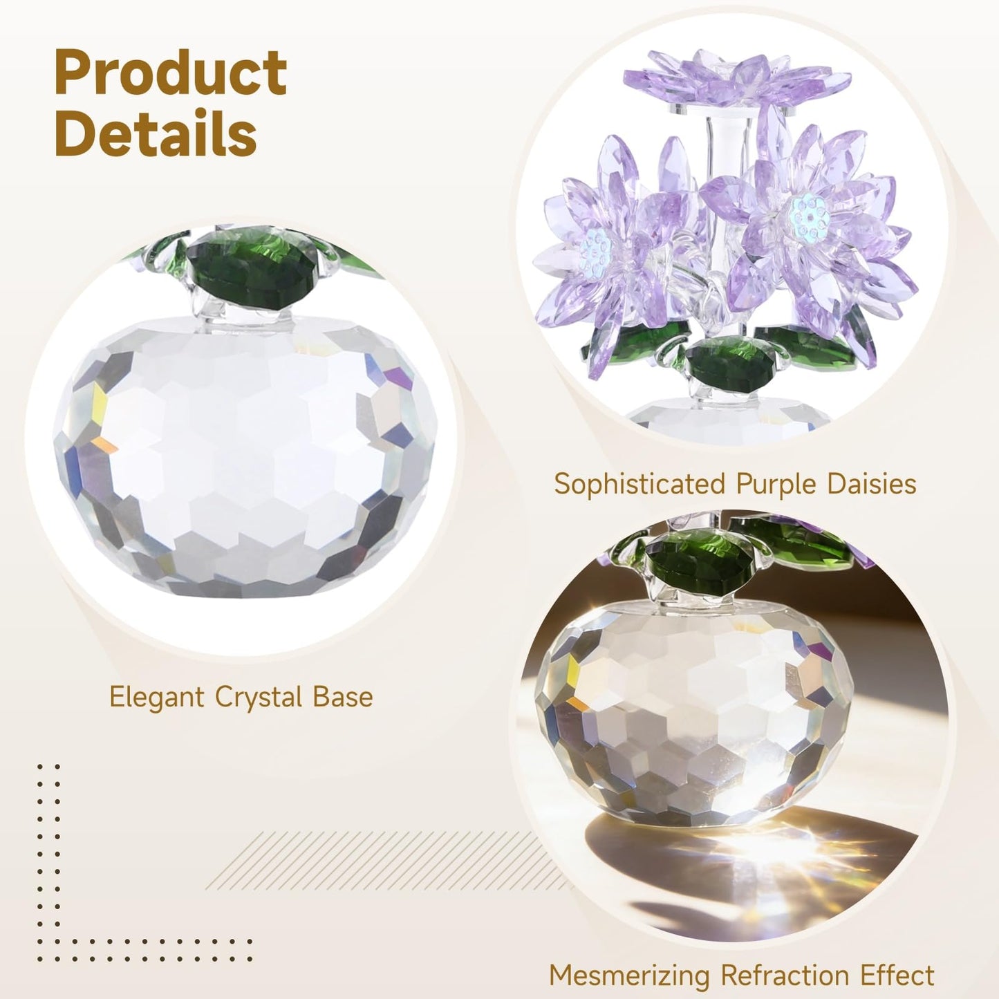 OMISTAR Crystal Purple Daisy Figurines, Crystal Flowers Daisy Decor, Small Paperweight Ornament with Present Box, Floral Collectible, Table Centerpiece for Home Decor