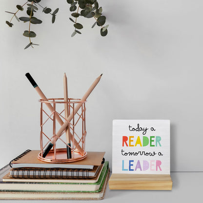Today a Reader Tomorrow a Leader Wood Plaque Sign,Reading Motivated Wooden Stand Wood Sign Desk Decor for School Library Home Office Table Shelf,Reading Gifts for Women Kids Book Lovers Students