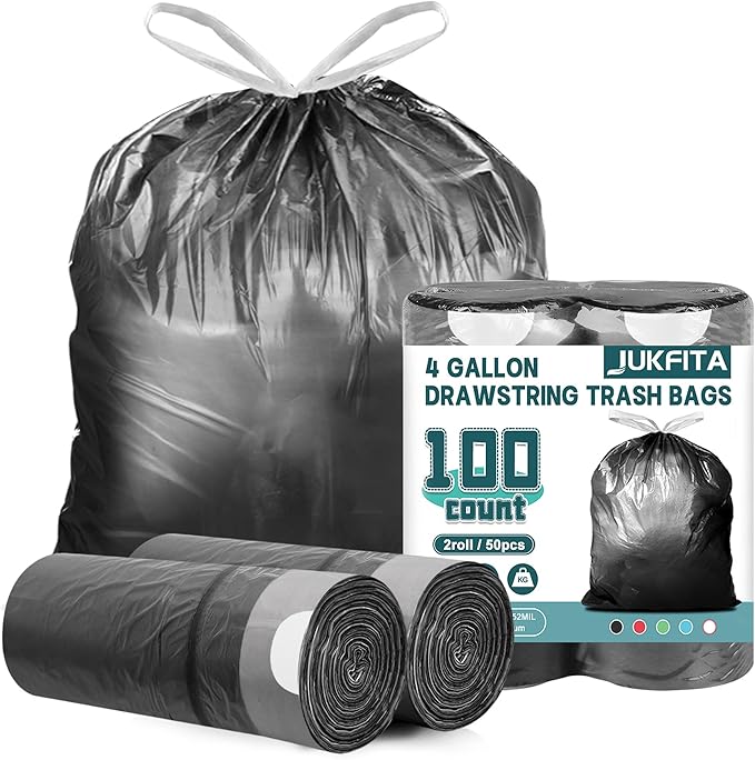 100 Count Small Trash Bags, JUKFITA 4 Gallon Trash Bags Drawstring