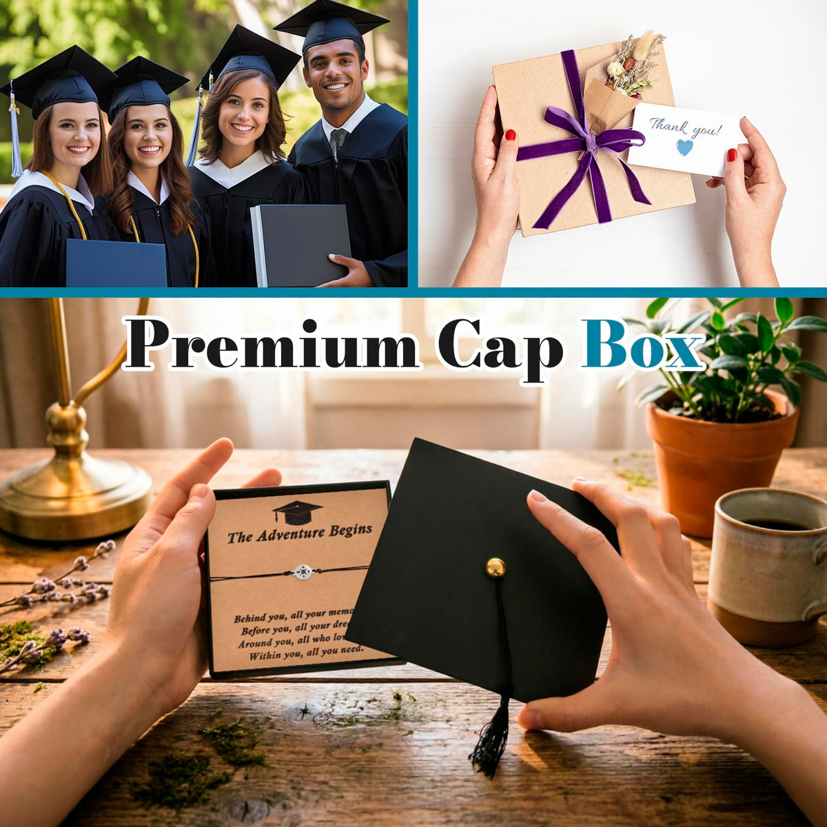 6 Sets Graduation Gift Grad Cap Box & Bracelet - 2026 Graduation Gifts Her Him, Adjustable Unisex Compass Bracelets Bracelet Tassel & Wish gift Grad card for Primary, Middle, High School & College Graduates