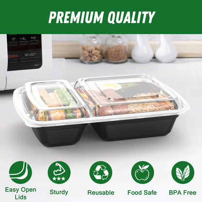 Dealusy 50 Pack (100-Piece) 28 oz Meal Prep Containers Reusable with Lids 2-Compartment, Sturdy Leakproof Food Safe, Microwave Freezer Dishwasher Safe, To Go Take Out Plastic Food Storage, Black