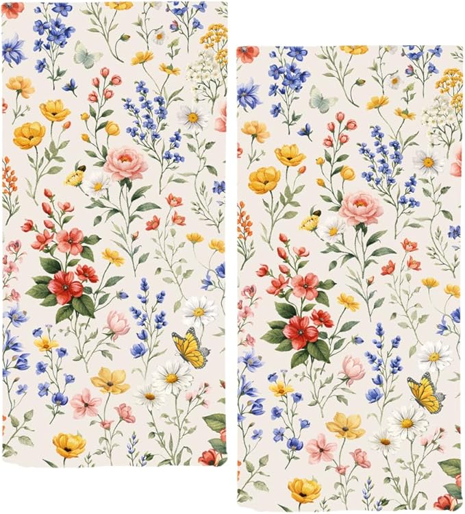 Wildflower Floral Hand Towels, 2 Packs Decorative Meadow Floral Kitchen Towels