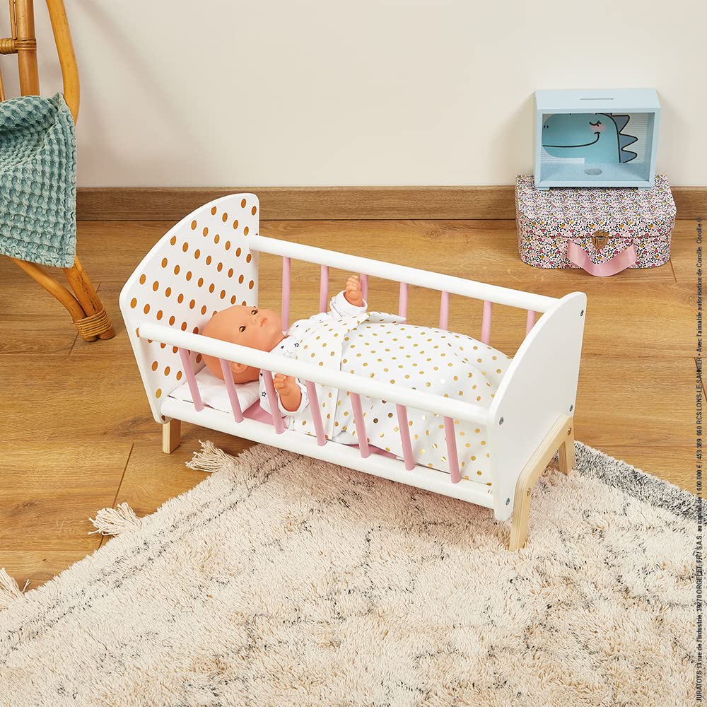Janod - Candy Chic Doll's Bed Wooden Baby Doll Cradle Ages 3+ - Engaging in Imaginative Play - Stylish Design - Durable Construction and Safe Materials - Includes Bedding