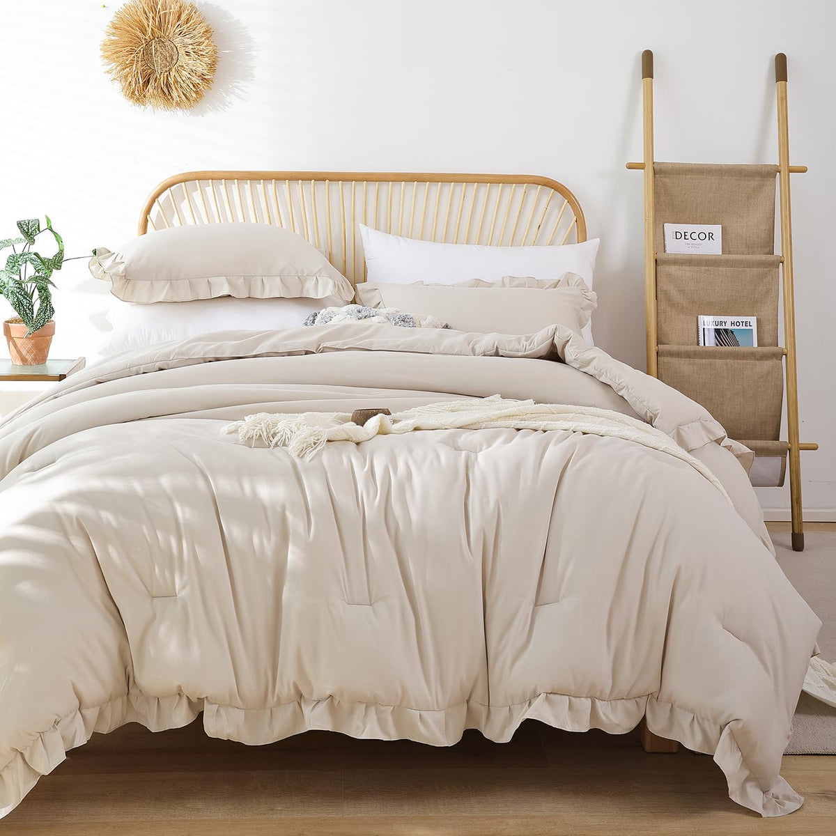 JANZAA Beige Comforter Set Queen – Soft Microfiber, Lightweight All Season Bedding, Ruffle Shabby Chic Aesthetic, Breathable Cozy Bed Set with 2 Pillow Shams, Machine Washable