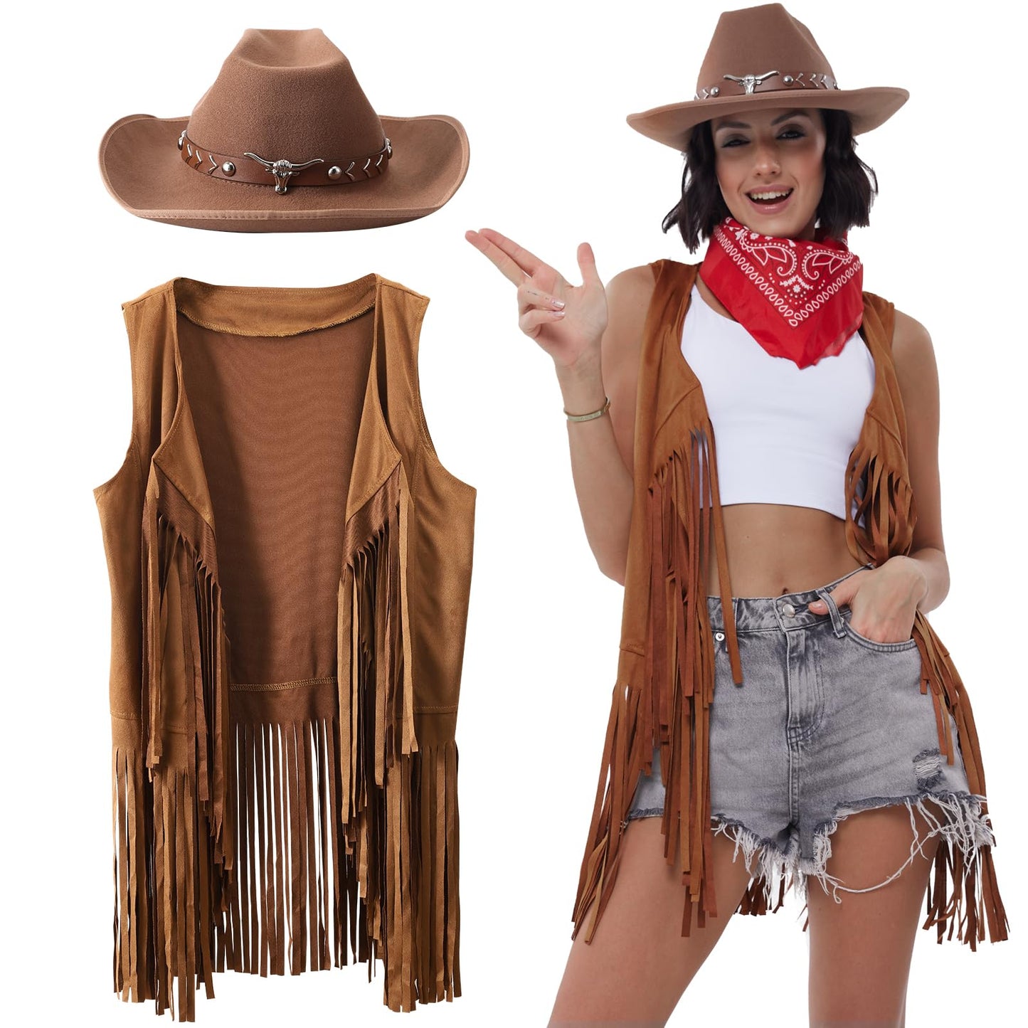 PARTTELY Western Cowgirl Outfits for Women, 70s Hippie Costume Cowgirl Tassels Fringe Vest, Cowboy Hat for Women, Bandana