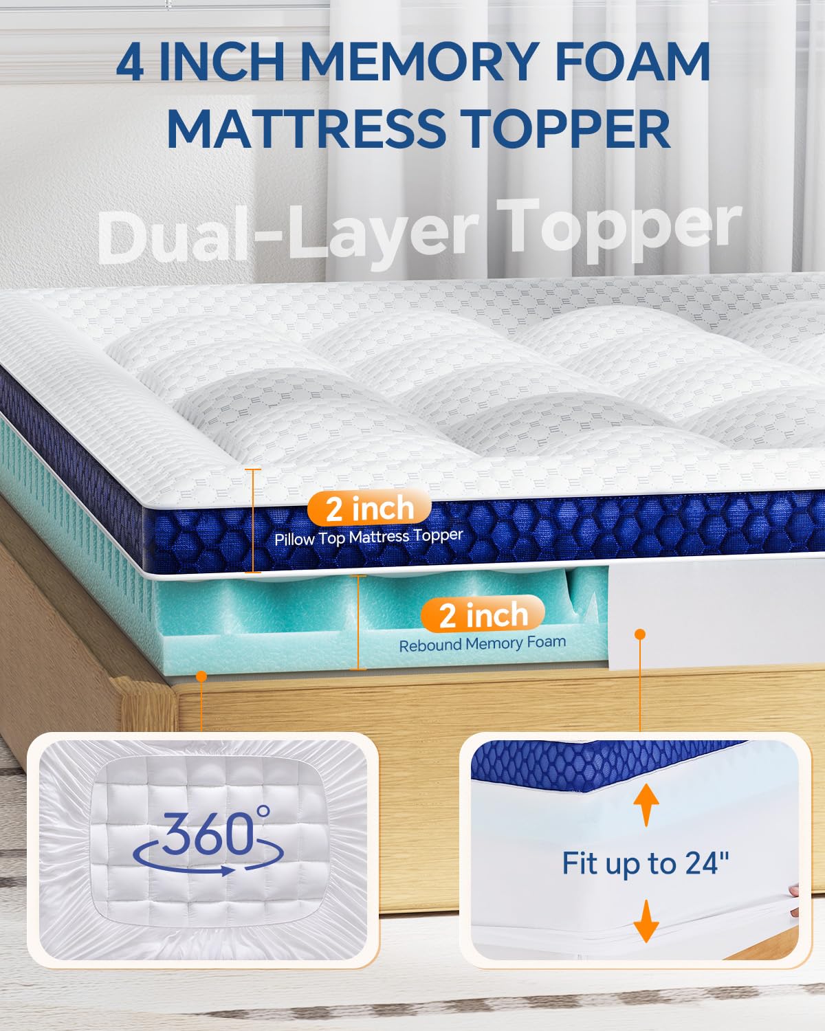 BEDELITE Dual Layer 4 Inch Twin Size Memory Foam Mattress Topper, 2 Inch Soft Pillow Top Mattress Pad Cover and 2 Inch Gel Memory Foam for Pressure Relief, 2-in-1 Design for Comfort & Support