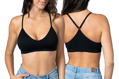 Blue 55 Women's Racerback Bralette Sexy Everyday Basic Deep V-Neck Wireless W/Removable Padding Bra (S/M, Black)