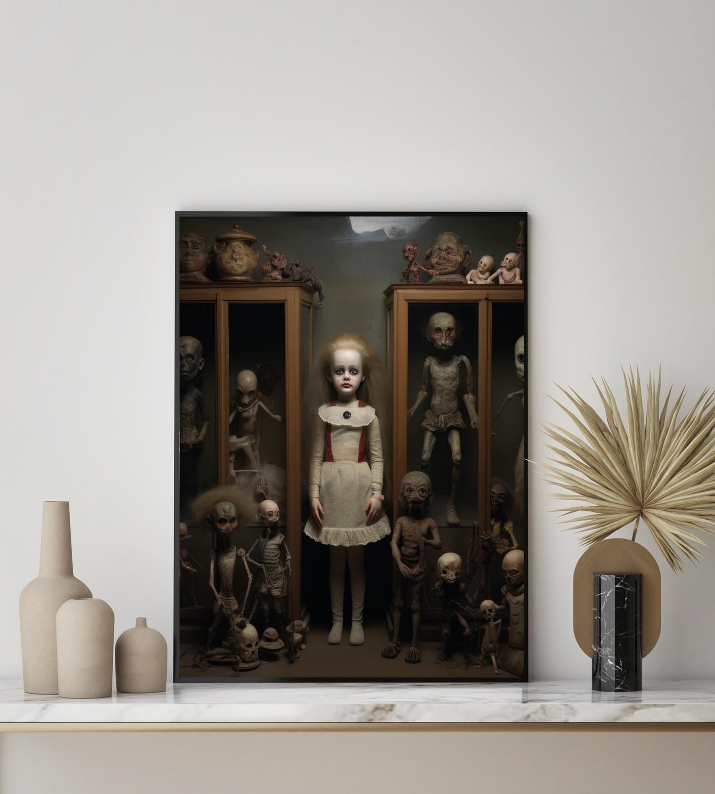 Creepy Doll Collection Art Poster Print, Haunted Scary Spooky Halloween Wall Art Painting Decor Gallery 29 (Creepy Doll Collection, 14" L x 11" W, Black Frame)