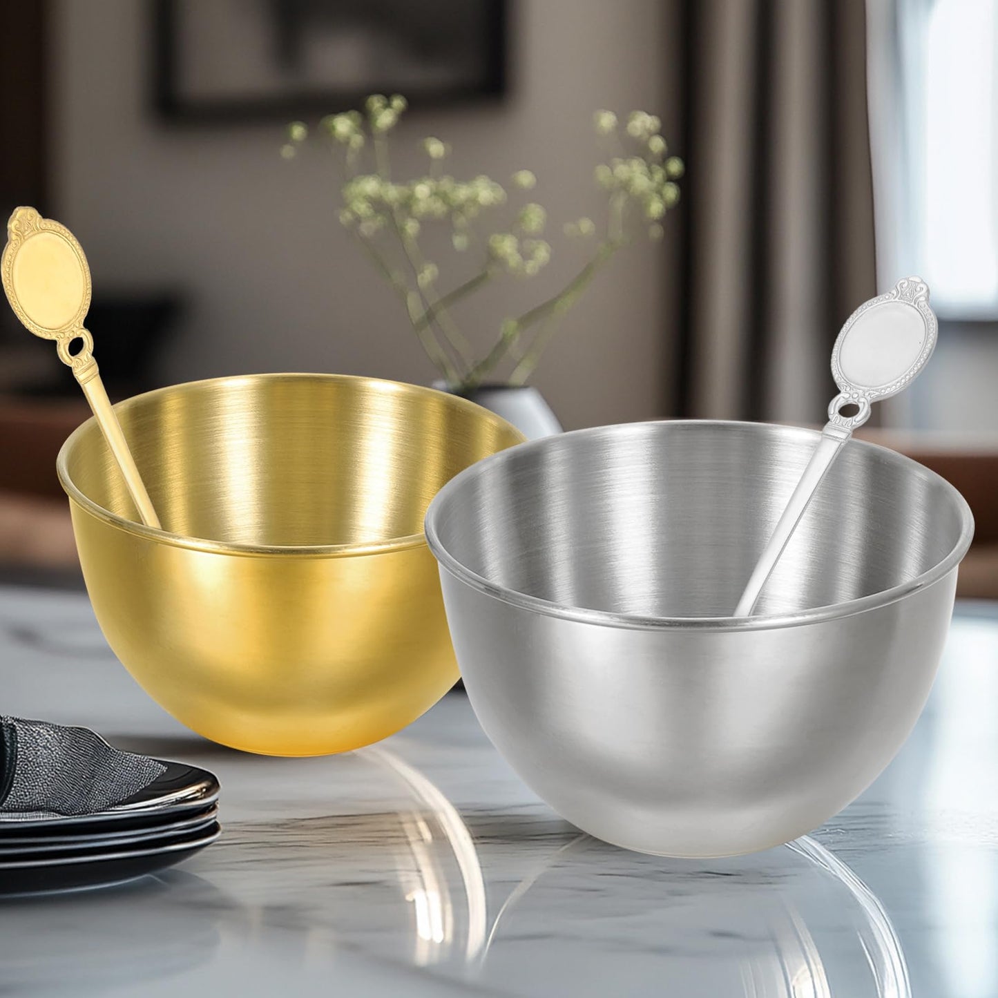 uxcell 4 Pcs 3.4 Inch Stainless Steel Sauce Dishes Kit, Seasoning Dishes and Spoons, Condiment Sauce Cups, Sushi Dipping Bowl Mixing Saucers Appetizer Bowls for Side Dish, Gold