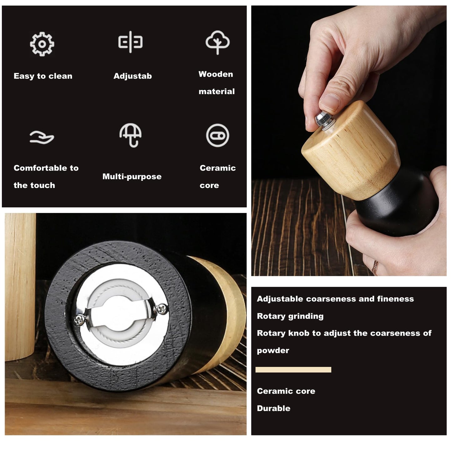 GCFTIFF Wooden Salt and Pepper Grinder Set, Refillable Salt & Pepper Mills Shakers,Manual Pepper Mill Made of Rubber Wood with Adjustable Ceramic Steel Core,with Wooden Stand & Spoon (2pcs 6.5 inches)