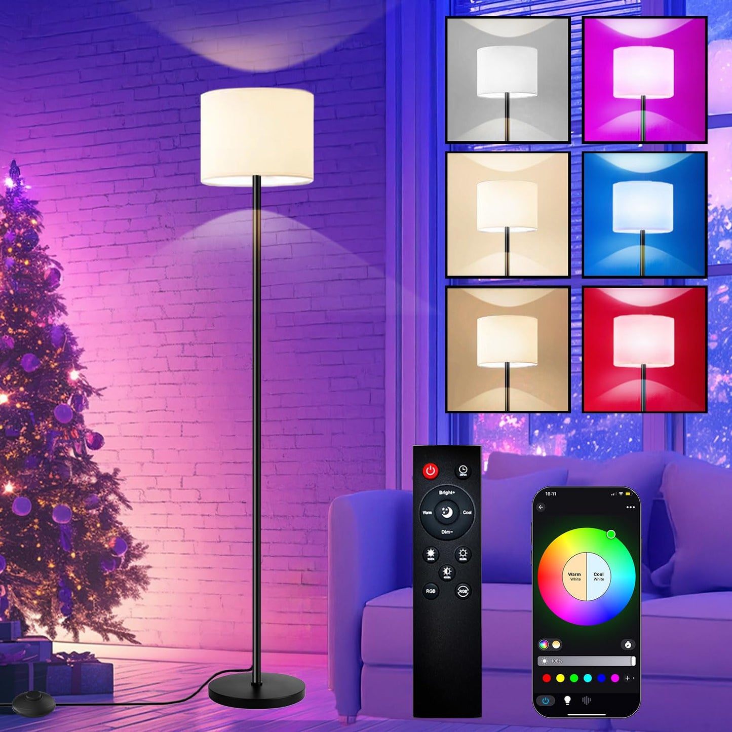 Fuvqeyes Smart Floor Lamp with APP & Remote Control - Dimmable RGB & White Light (3000K-6500K) for Living Room, Bedroom, Office - Modern Standing Lamp with 9W LED Bulb Included