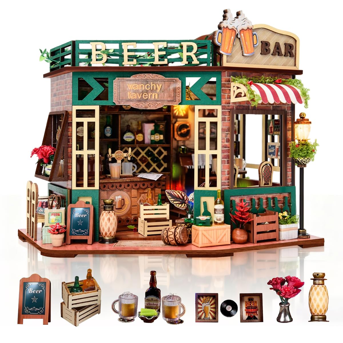 DIY Wooden Miniature House & Book Nook Kits, Bistro Modern Styles Doll House with LED Lights, Furniture, Beginner-Friendly for Adults & Teens, for Lovers, Buddies, Family & Book Lovers
