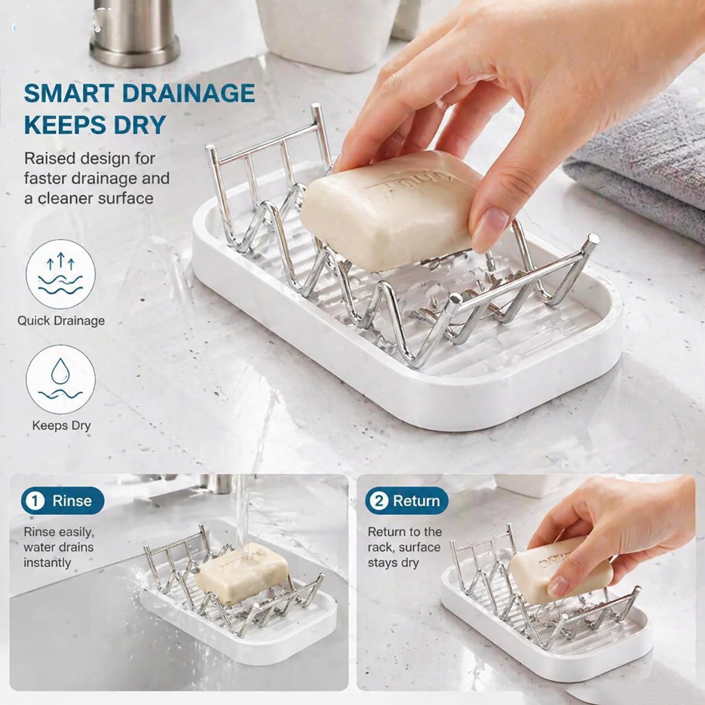 Bar Soap Holder with Removable Drip Tray,Rustproof SUS304 Stainless Steel Soap Dish for Shower Bathroom Countertop, Non-Slip Wave Bar Saver for Shampoo Soap Sponge, White